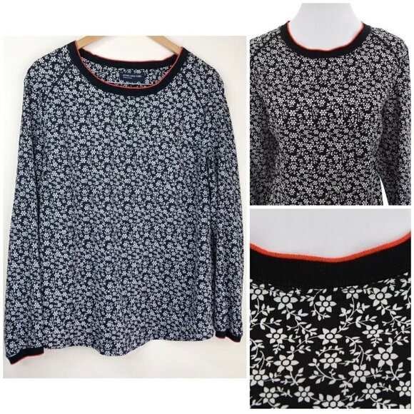 Jones New York Womens Sz L Pullover Top Thin Floral Print Black White Blouse - Picture 1 of 10